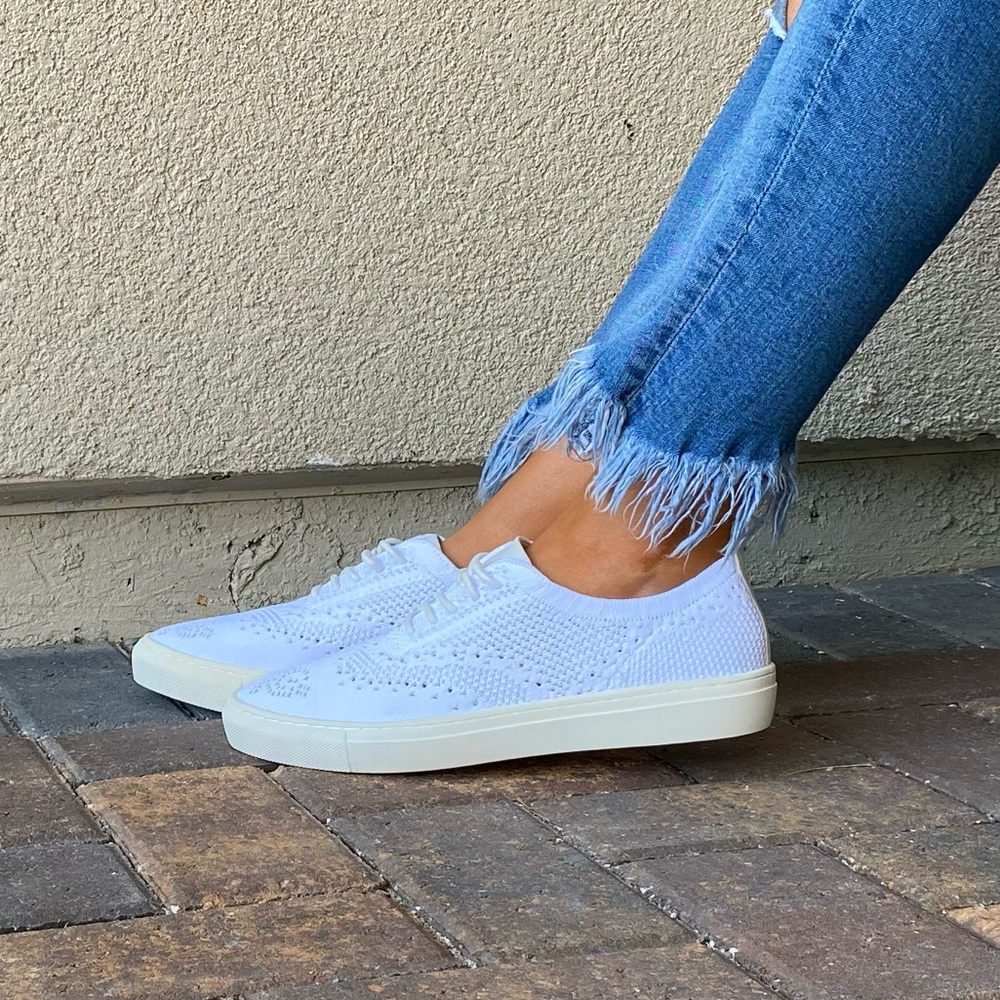 White Lace Up Brogue Fabric Knit Oxford Sneakers - Picture 6 of 16